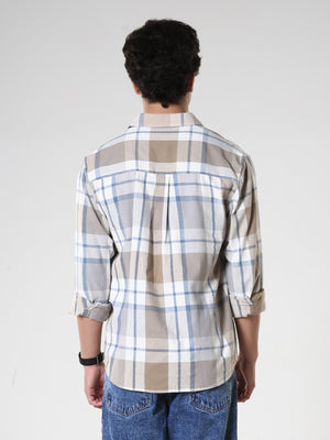 Men's casual brown and blue checkered cotton shirt with full sleeves, relaxed fit – paired with blue denim jeans