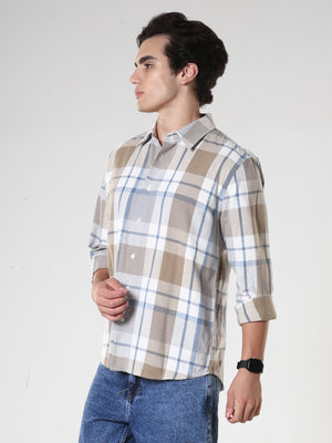 Men's casual brown and blue checkered cotton shirt with full sleeves, relaxed fit – paired with blue denim jeans