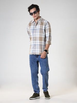 Men's casual brown and blue checkered cotton shirt with full sleeves, relaxed fit – paired with blue denim jeans