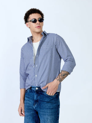 Sara - 100% Cotton Gingham Shirt - Dark Blue - Espanshe