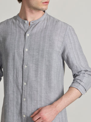 Men's Band Collar Striped Shirt in gray