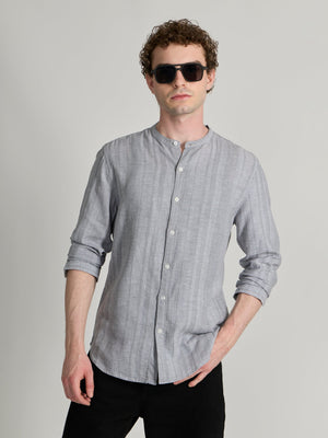 Salvator - Band Collar Striped Shirt - Grey - Espanshe
