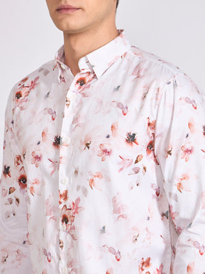 Men's Satin Floral Printed Shirt in Soft Brown