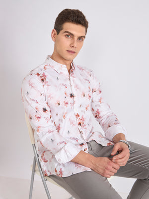 Men's Satin Floral Printed Shirt in Soft Brown