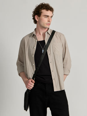 Men's Crinkled Checked Shirt in Light Beige