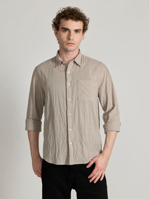 Men's Crinkled Checked Shirt in Light Beige