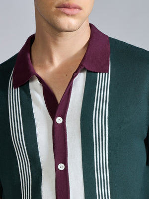 Men's Regular Fit Dual-Tone Retro Stripe Design Knit Polo Shirt in Green