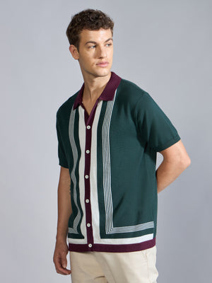 Men's Regular Fit Dual-Tone Retro Stripe Design Knit Polo Shirt in Green