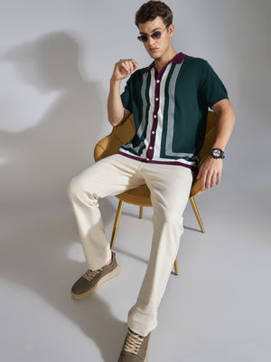 Men's Regular Fit Dual-Tone Retro Stripe Design Knit Polo Shirt in Green