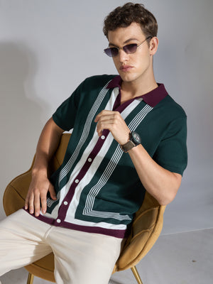 Men's Regular Fit Dual-Tone Retro Stripe Design Knit Polo Shirt in Green