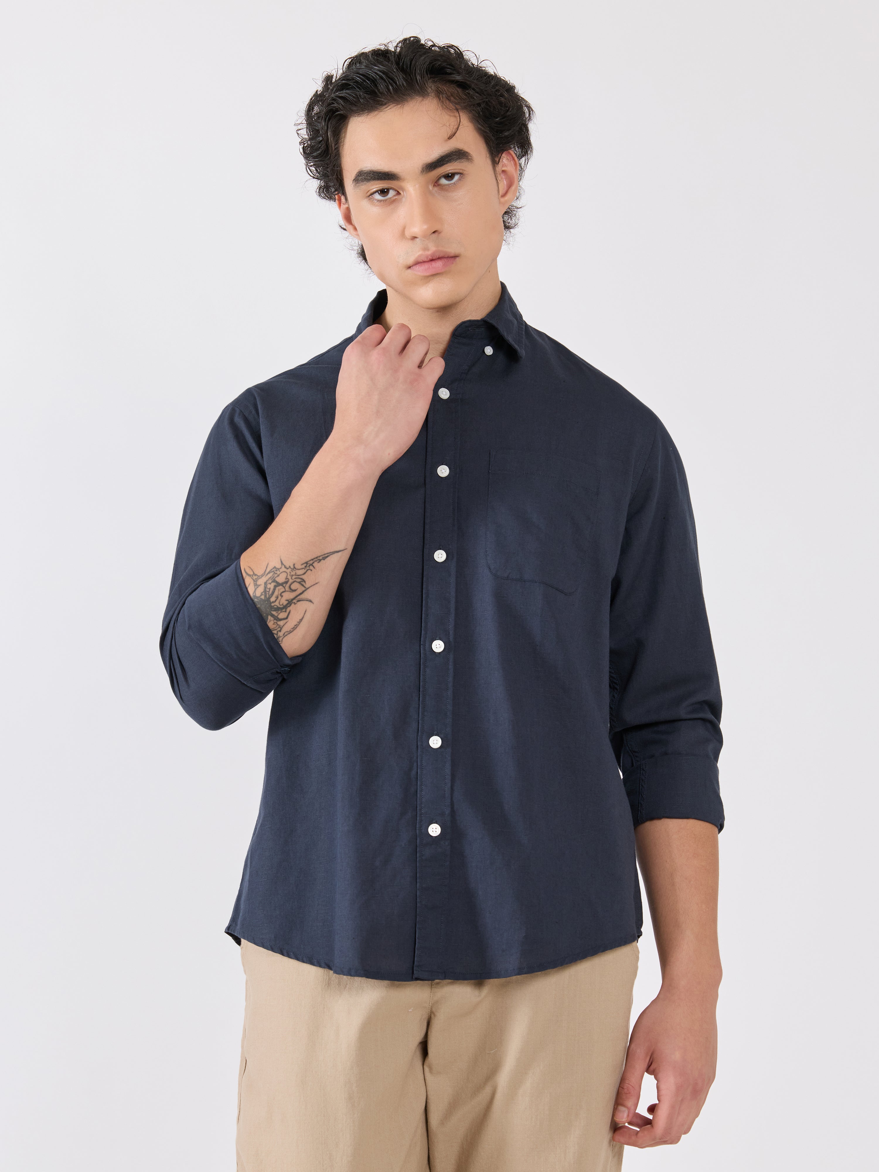 Men's Relaxed Linen Shirt - navy blue