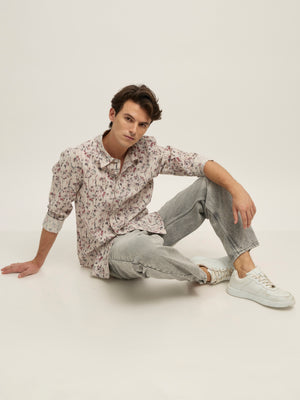 Westley - Regular Floral Printed Shirt - Pink Grey - Espanshe