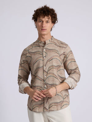 Moritz - Band Collar Printed Shirt - Forest Green - Espanshe