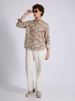 men's Band Collar Printed Shirt - Forest Green