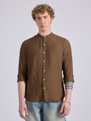 Pryor - Band Collar Plain Shirt - Dark Khaki - Espanshe