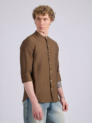 Pryor - Band Collar Plain Shirt - Dark Khaki - Espanshe