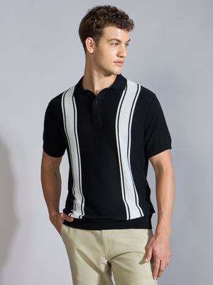 Men's Regular Fit Vertical Stripe Knit Polo T-Shirt in black