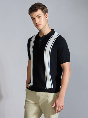 Men's Regular Fit Vertical Stripe Knit Polo T-Shirt in black