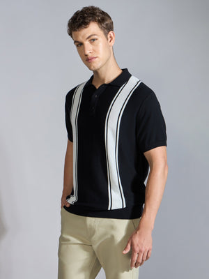 Kikeos-5 - Regular Fit Vertical Stripe Knit Polo T-Shirt - Black - Espanshe