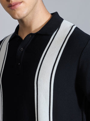 Kikeos-5 - Regular Fit Vertical Stripe Knit Polo T-Shirt - Black - Espanshe