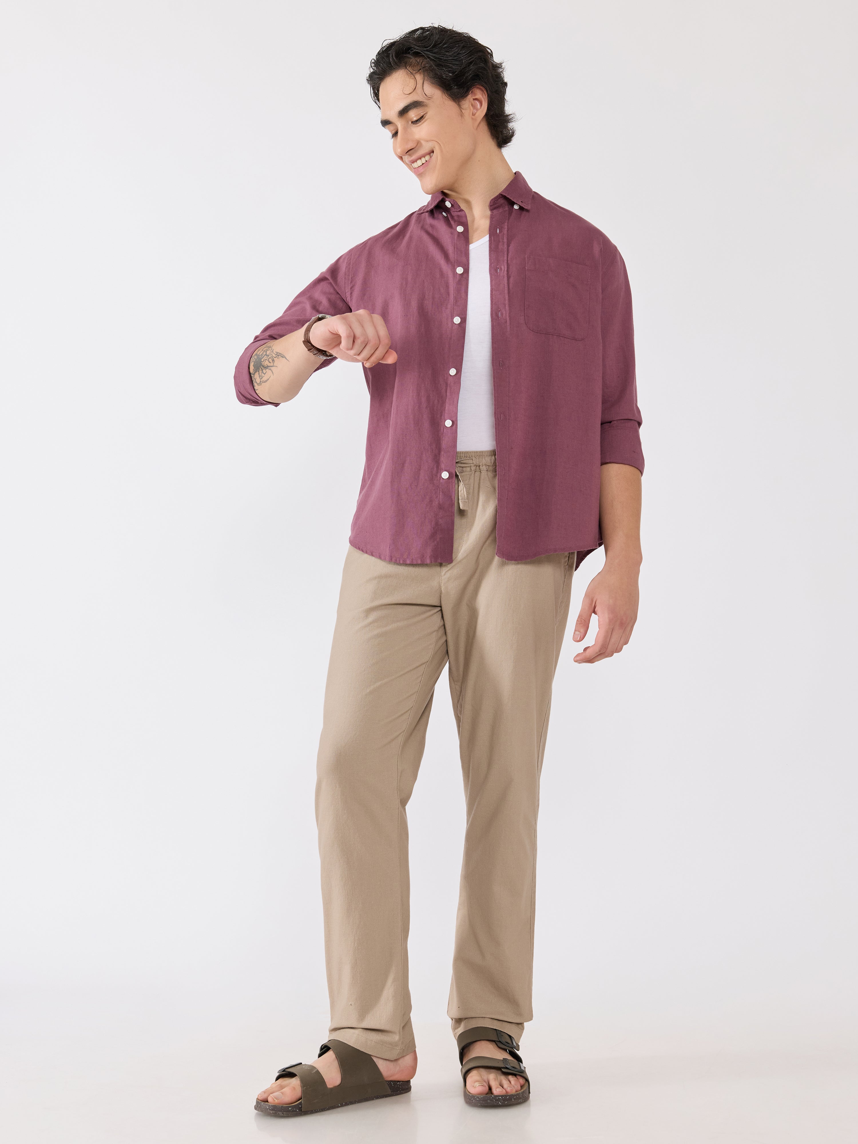 Men's Relaxed Linen Shirt - mauve