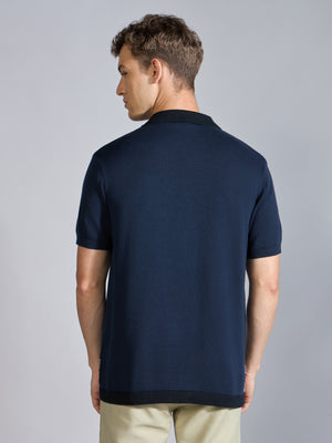 Men's Regular Fit Dual-Tone Retro Stripe Design Knit Polo Shirt in Navy