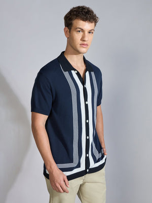 Kikeos-7 - Regular Fit Dual-Tone Retro Stripe Design Knit Polo Shirt - Navy - Espanshe