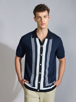 Kikeos-7 - Regular Fit Dual-Tone Retro Stripe Design Knit Polo Shirt - Navy - Espanshe