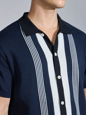 Men's Regular Fit Dual-Tone Retro Stripe Design Knit Polo Shirt in Navy