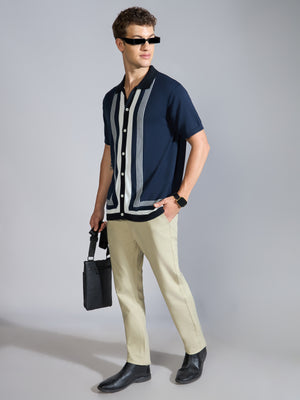 Men's Regular Fit Dual-Tone Retro Stripe Design Knit Polo Shirt in Navy