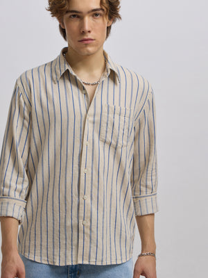 Men's beige full sleeve shirt with vertical stripes, made from cotton and linen blend – ideal for formal and semi-formal occasions
