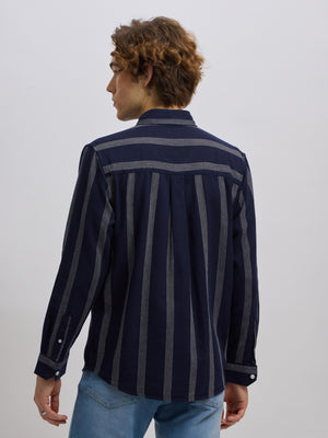 Men's navy blue full sleeve shirt with vertical stripes, made from cotton and linen blend – ideal for formal and semi-formal occasions