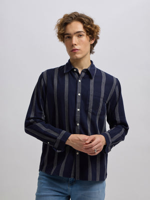 Men's navy blue full sleeve shirt with vertical stripes, made from cotton and linen blend – ideal for formal and semi-formal occasions