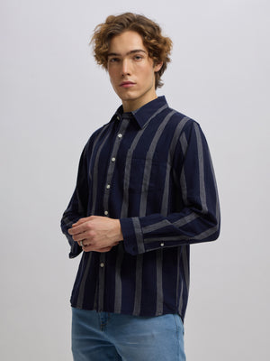 Men's navy blue full sleeve shirt with vertical stripes, made from cotton and linen blend – ideal for formal and semi-formal occasions