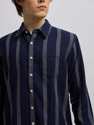 Men's navy blue full sleeve shirt with vertical stripes, made from cotton and linen blend – ideal for formal and semi-formal occasions