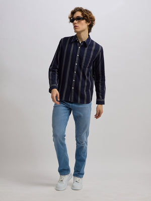 Men's navy blue full sleeve shirt with vertical stripes, made from cotton and linen blend – ideal for formal and semi-formal occasions