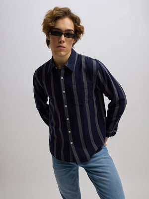 Men's navy blue full sleeve shirt with vertical stripes, made from cotton and linen blend – ideal for formal and semi-formal occasions