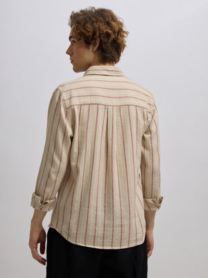 Men's beige full sleeve shirt with vertical stripes, made from cotton and linen blend – ideal for formal and semi-formal occasions