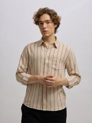 Men's beige full sleeve shirt with vertical stripes, made from cotton and linen blend – ideal for formal and semi-formal occasions