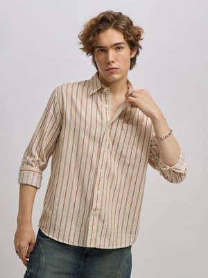 Mosty - Regular fit striped shirt - Beige Brown - Espanshe