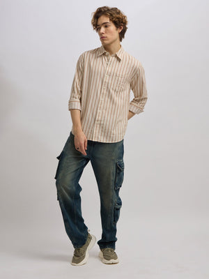 Mosty - Regular fit striped shirt - Beige Brown - Espanshe