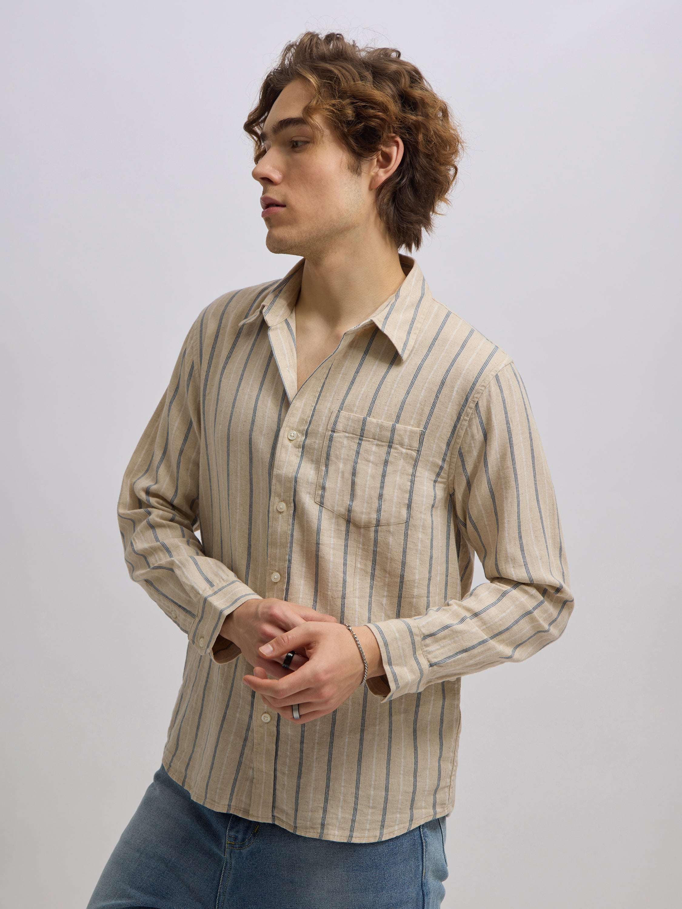 Men's beige full sleeve shirt with vertical stripes, made from cotton and linen blend – ideal for formal and semi-formal occasions