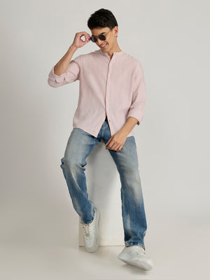 Men's Band Collar Striped Shirt in light pink