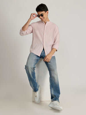 Salvator - Band Collar Striped Shirt - Light Pink - Espanshe