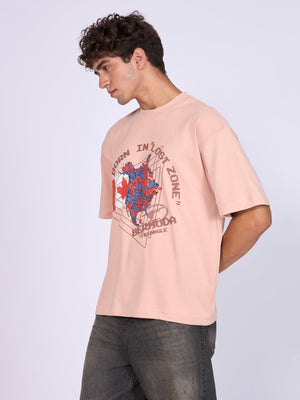 Trace - Bermuda Triangle Printed Loose Fit T-Shirt - Peach - Espanshe