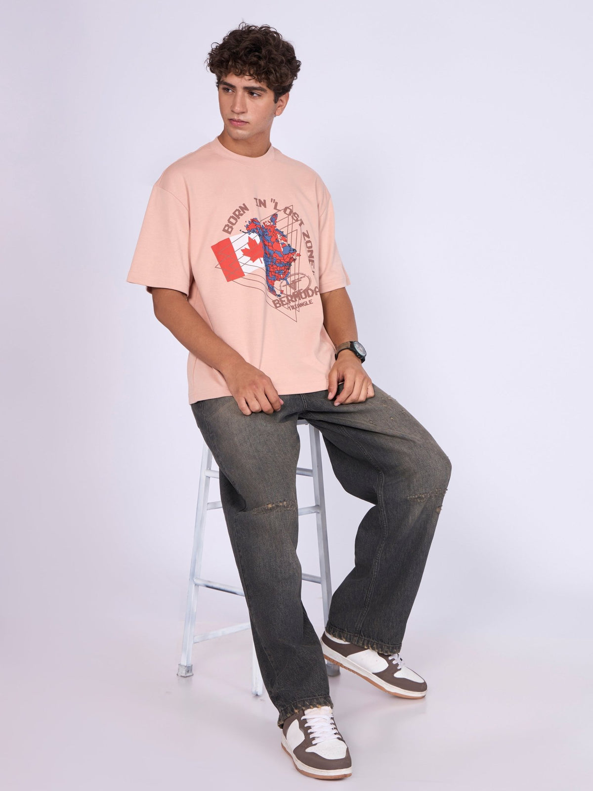 Trace - Bermuda Triangle Printed Loose Fit T-Shirt - Peach - Espanshe