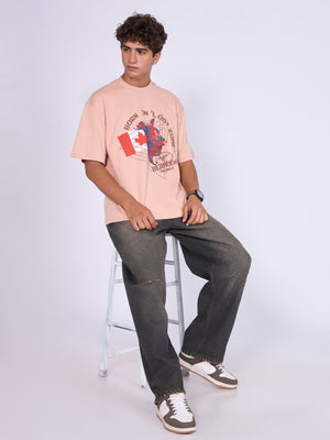 Trace - Bermuda Triangle Printed Loose Fit T-Shirt - Peach - Espanshe