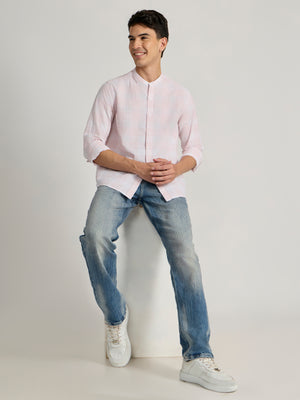 Men's Band Collar Checks Shirt in light pink