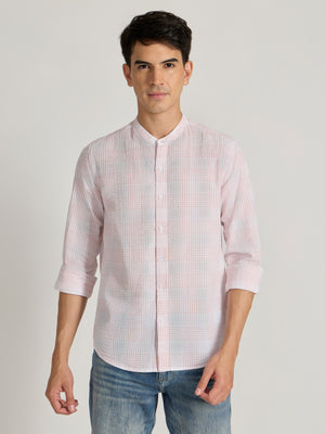 Men's Band Collar Checks Shirt in light pink