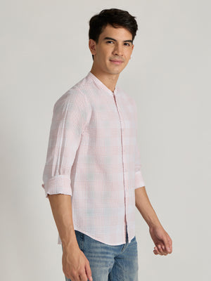 Men's Band Collar Checks Shirt in light pink